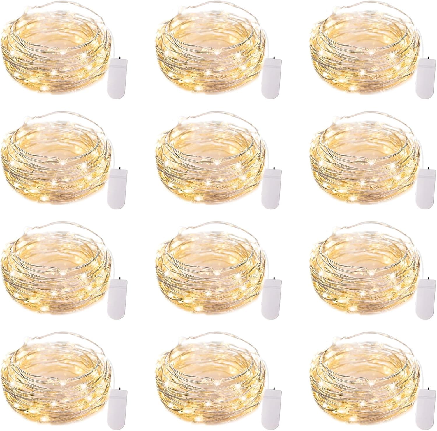 Brightown 12 Pack 7ft Battery Operated LED Fairy Lights for Xmas Decoration, 20 LED Bulbs, Warm White Glow, Waterproof, Flexible Silver Wire