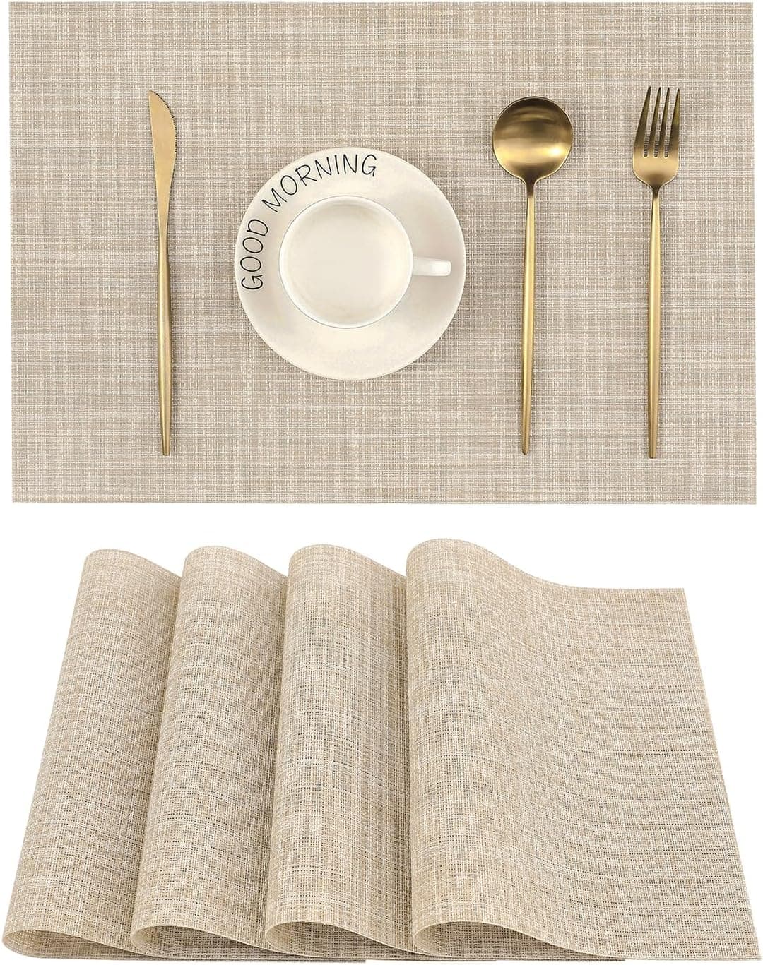 Leetaltree Beige Placemats Set of 4 - Heat-Resistant, Non-Slip Table Mats, Washable Woven Vinyl for Indoor & Outdoor Dining