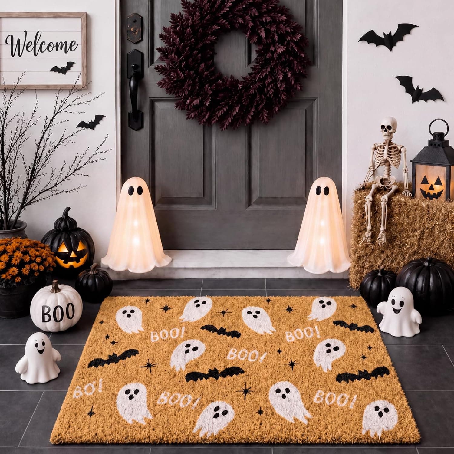Ceenna Halloween Doormat Coir Ghost Welcome Doormat with Anti-Slip Rubber Backing