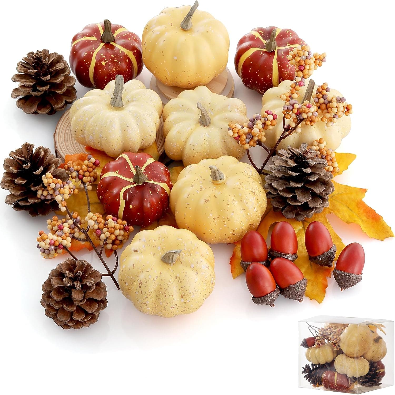 Artgar Pumpkin Decor Set 23 Pieces - Mini Pumpkins, Acorns, Pinecones, Berries, Maple Leaves