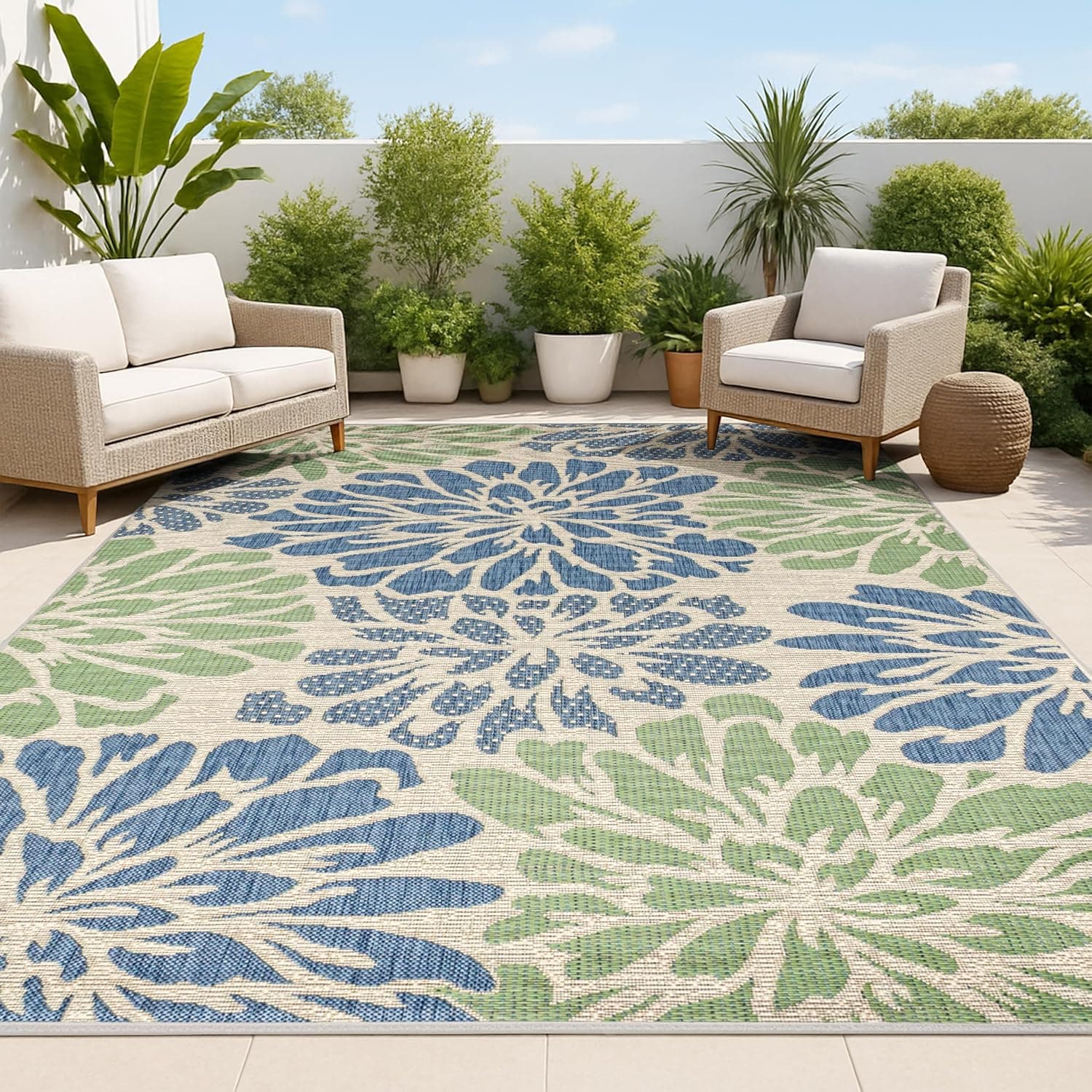 JONATHAN Y Zinnia Modern Floral Textured Weave Indoor Outdoor Area Rug 5x8, Bohemian Coastal Easy-Cleaning, Navy/Green