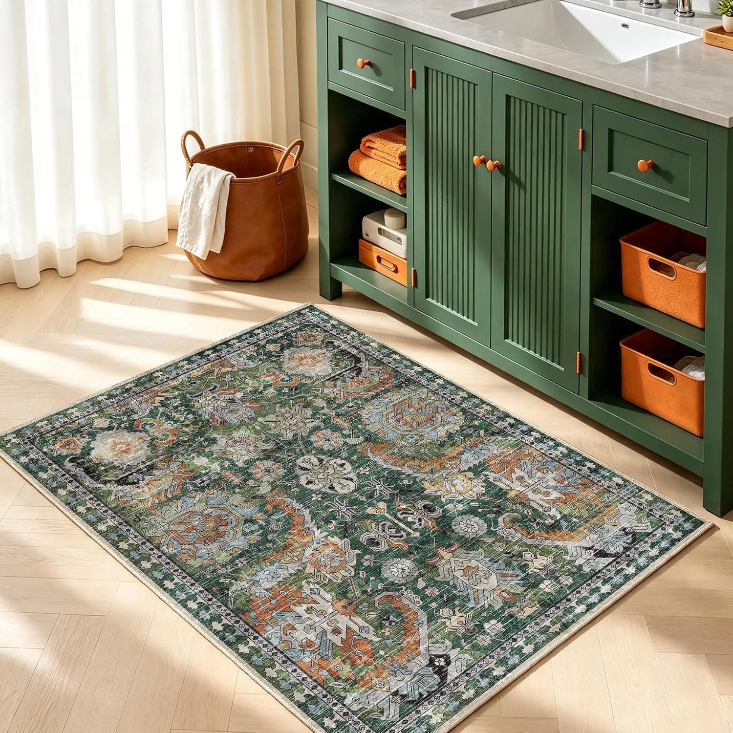 RUGSURE Washable Area Rug, Vintage Tribal, 3' x 5', Green