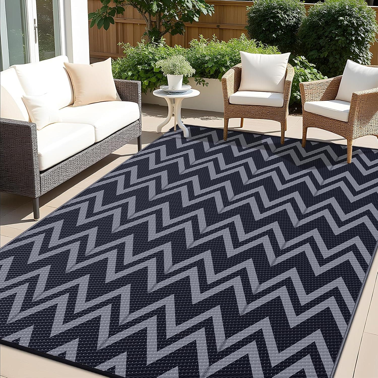 OLANLY Waterproof Outdoor Rug 5x8 ft, Reversible Outdoor Plastic Straw Rug, Boho Patio Rug, Indoor Outdoor Carpet, RV Mat Outside for Patio, Camp, Picnic, Balcony, Deck, Backyard, Black & White