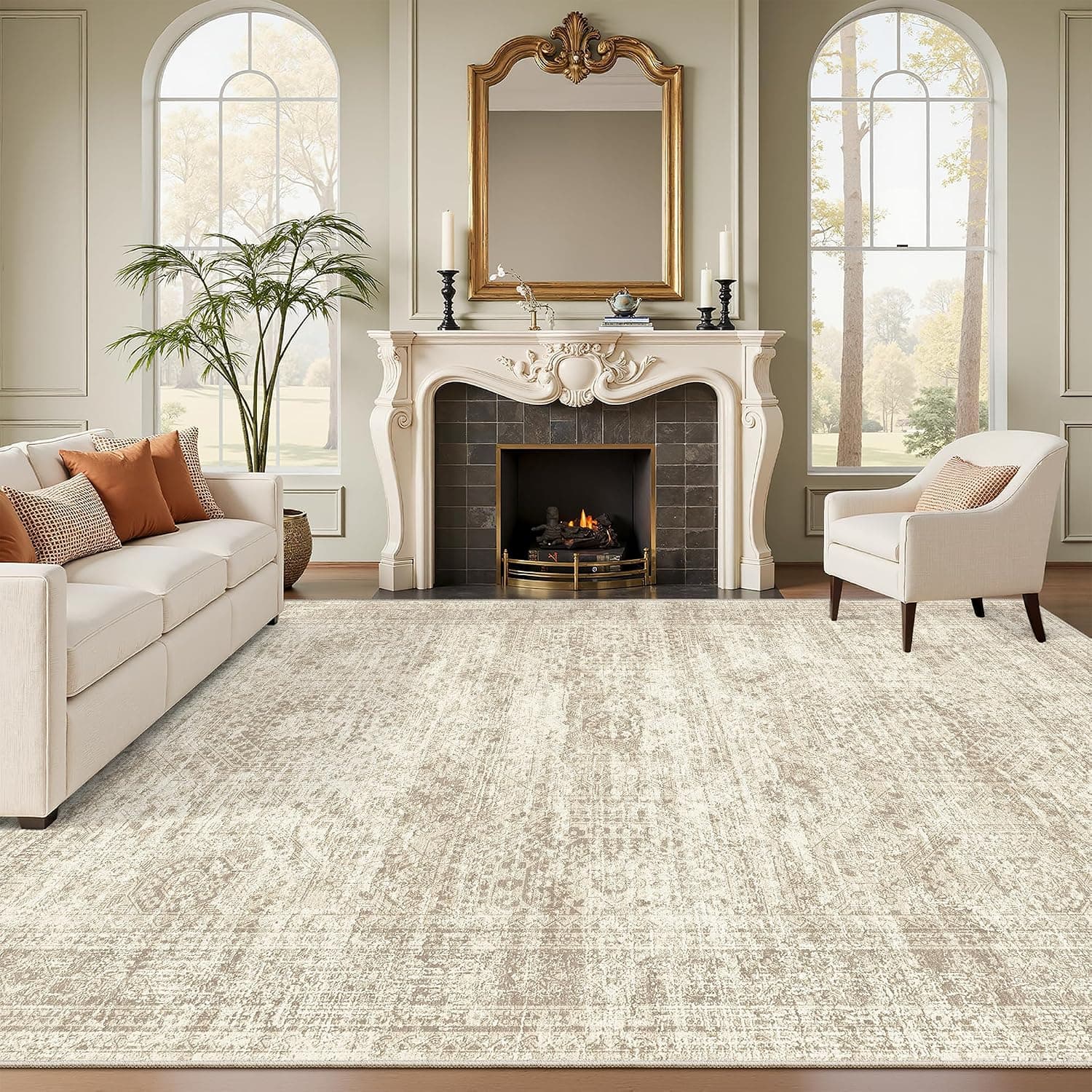 Soalmost Washable Area Rug 8x10 Large Soft Beige, Vintage Non-Slip Carpet